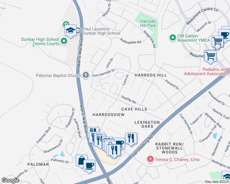 map of restaurants, bars, coffee shops, grocery stores, and more near 3454 Lyon Drive in Lexington