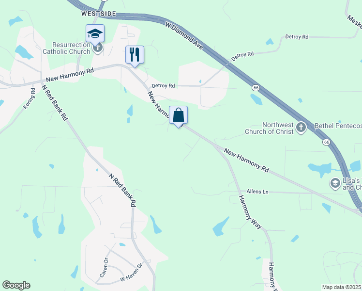 map of restaurants, bars, coffee shops, grocery stores, and more near 4620 Woodland Drive in Evansville