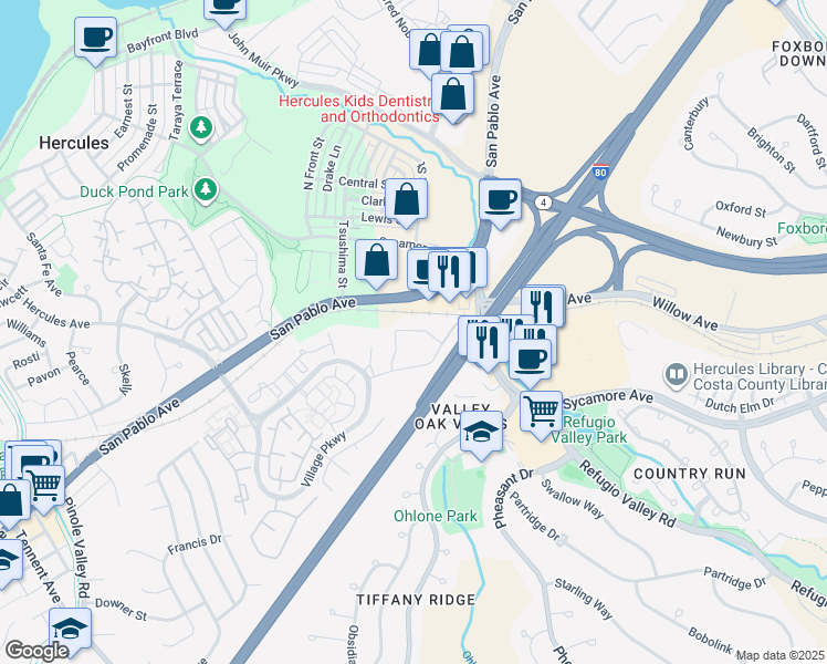 map of restaurants, bars, coffee shops, grocery stores, and more near 1101 Forest Run in Hercules
