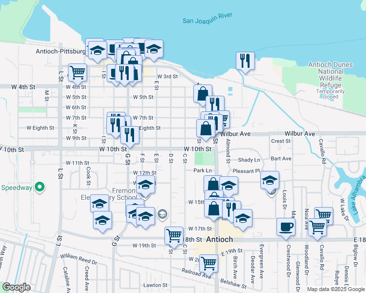 map of restaurants, bars, coffee shops, grocery stores, and more near 914 C Street in Antioch