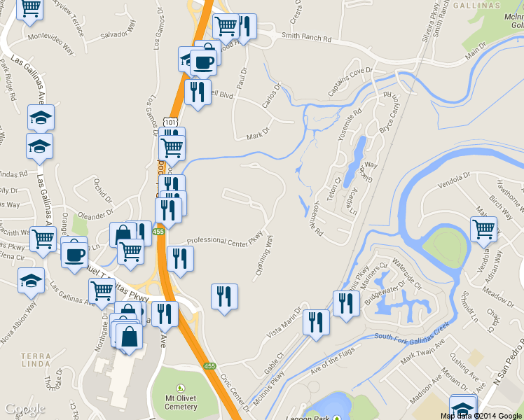 map of restaurants, bars, coffee shops, grocery stores, and more near 360 Channing Way in San Rafael