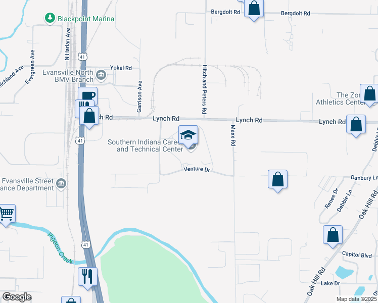 map of restaurants, bars, coffee shops, grocery stores, and more near 1901 Lynch Road in Evansville