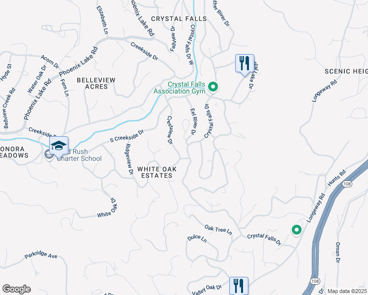 map of restaurants, bars, coffee shops, grocery stores, and more near 21438 Crystal Falls Drive in Sonora