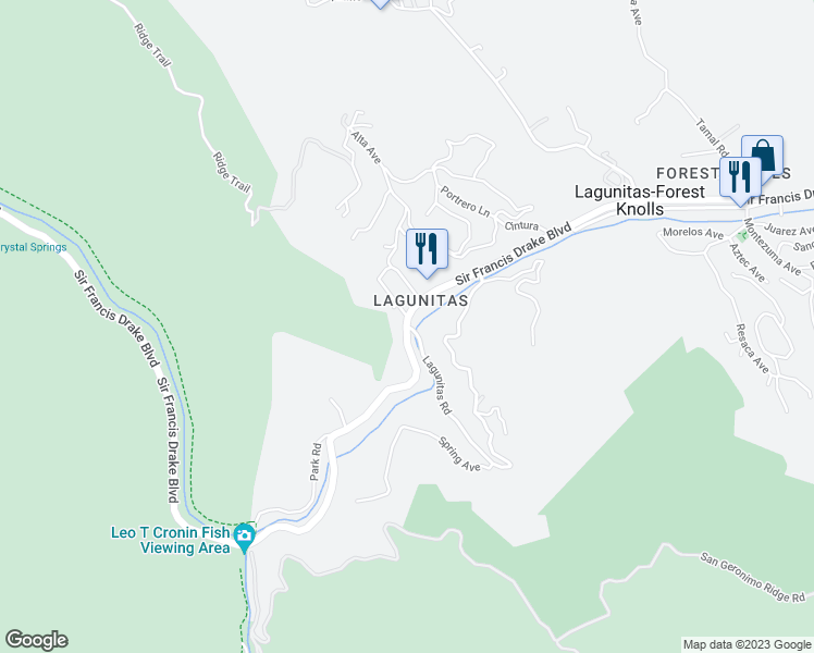 map of restaurants, bars, coffee shops, grocery stores, and more near Sir Francis Drake Boulevard & Lagunitas Road in Lagunitas