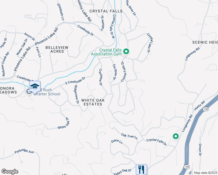 map of restaurants, bars, coffee shops, grocery stores, and more near 21438 Crystal Falls Drive in Sonora