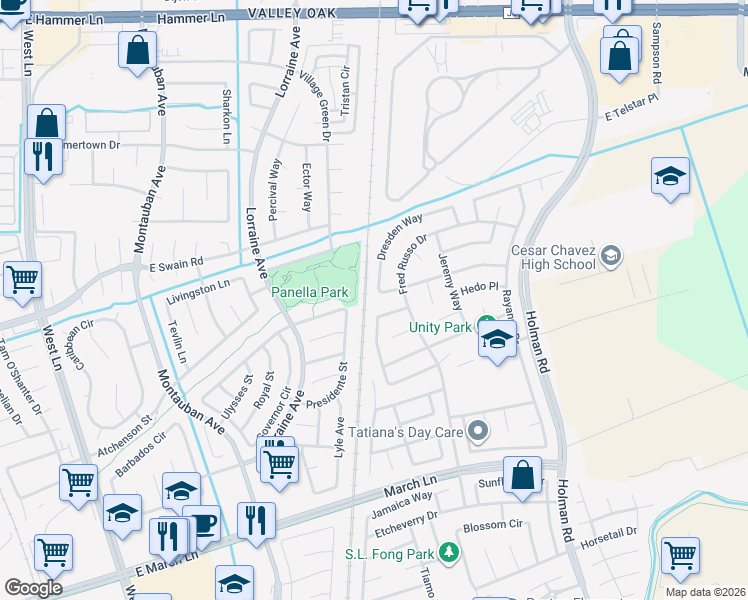 map of restaurants, bars, coffee shops, grocery stores, and more near 2528 Keyser Drive in Stockton