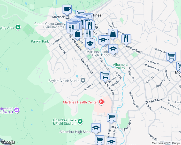 map of restaurants, bars, coffee shops, grocery stores, and more near 1503 Berrellesa Street in Martinez