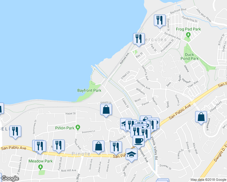 map of restaurants, bars, coffee shops, grocery stores, and more near 221 Tennent Avenue in Pinole