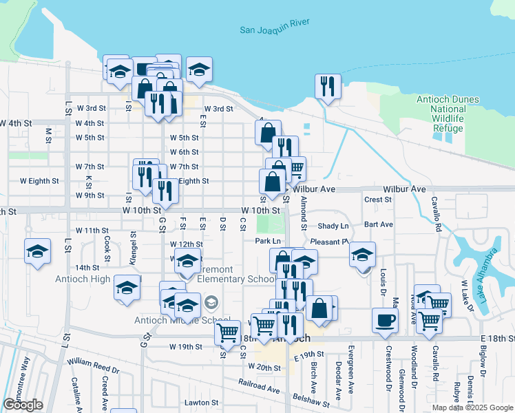 map of restaurants, bars, coffee shops, grocery stores, and more near 106 West 10th Street in Antioch