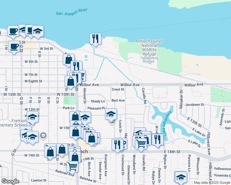 map of restaurants, bars, coffee shops, grocery stores, and more near 234 Crest Street in Antioch