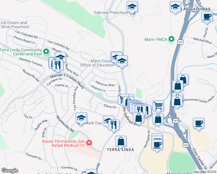map of restaurants, bars, coffee shops, grocery stores, and more near 381 Hibiscus Way in San Rafael