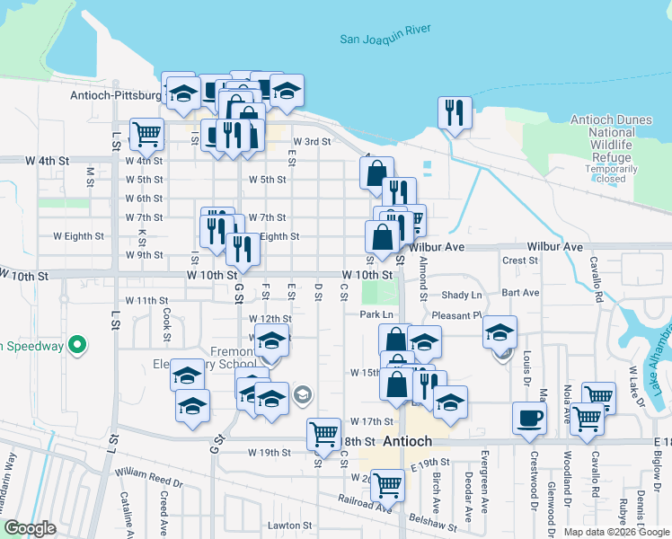 map of restaurants, bars, coffee shops, grocery stores, and more near 206 West 10th Street in Antioch