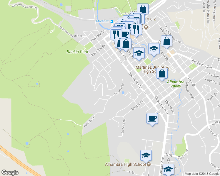 map of restaurants, bars, coffee shops, grocery stores, and more near 1170 Arlington Way in Martinez