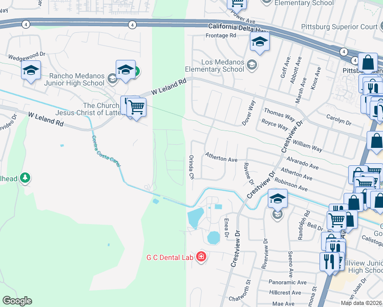 map of restaurants, bars, coffee shops, grocery stores, and more near 28 Orinda Circle in Pittsburg