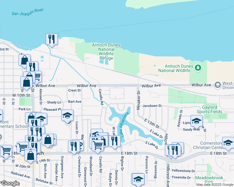 map of restaurants, bars, coffee shops, grocery stores, and more near 2064 Wilbur Avenue in Antioch