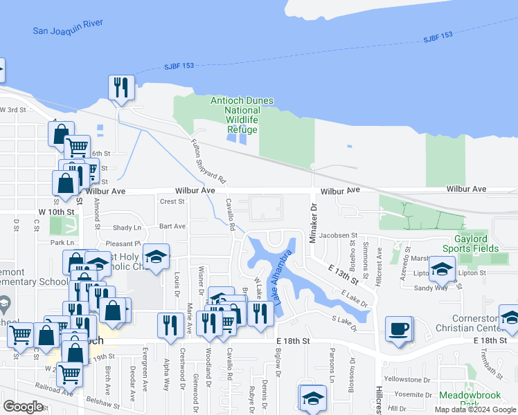 map of restaurants, bars, coffee shops, grocery stores, and more near 600 Wilbur Avenue in Antioch