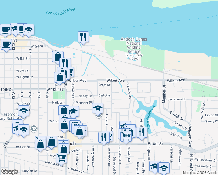 map of restaurants, bars, coffee shops, grocery stores, and more near 228 Crest Street in Antioch
