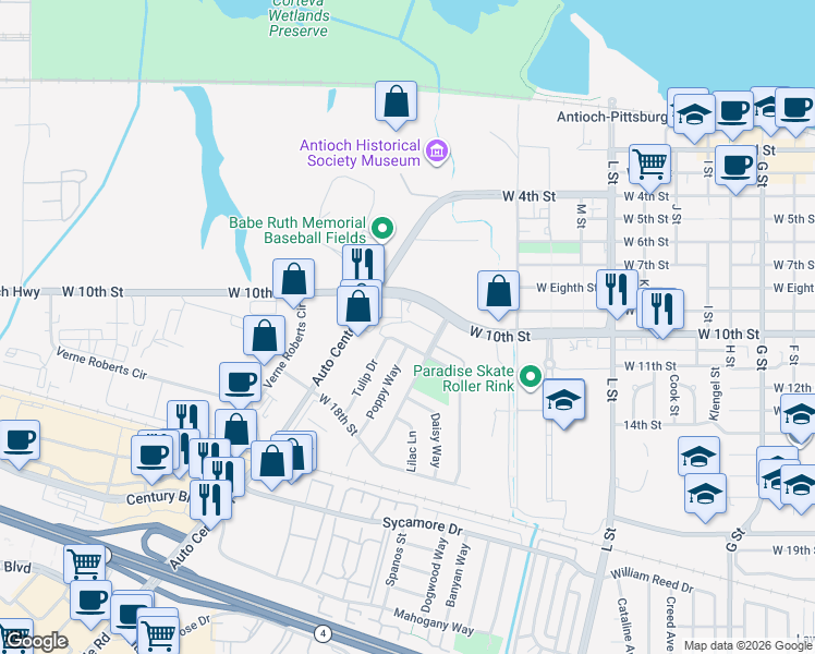 map of restaurants, bars, coffee shops, grocery stores, and more near 1725 West 10th Street in Antioch