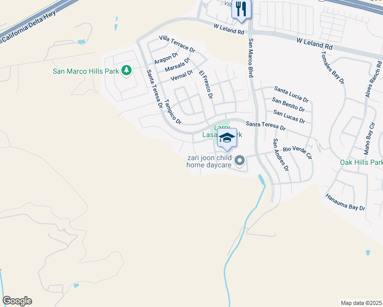 map of restaurants, bars, coffee shops, grocery stores, and more near 3042 Barranca Drive in Bay Point