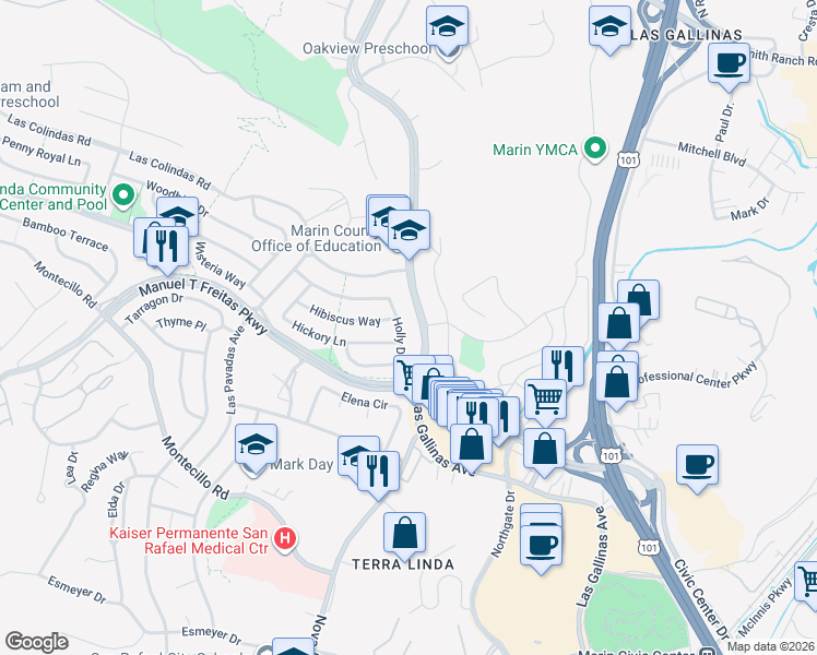 map of restaurants, bars, coffee shops, grocery stores, and more near 341 Holly Drive in San Rafael