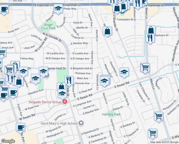 map of restaurants, bars, coffee shops, grocery stores, and more near 421 Pomona Avenue in Stockton