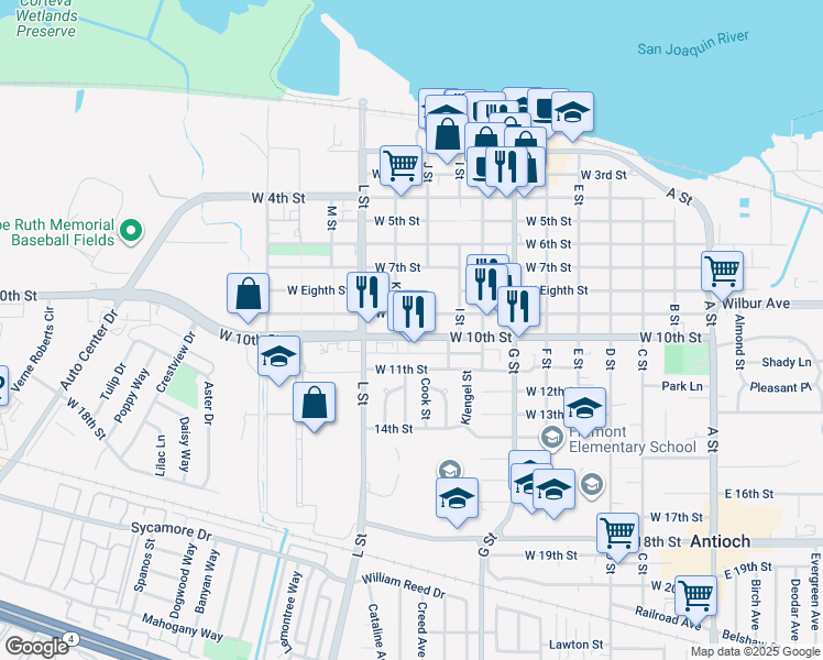 map of restaurants, bars, coffee shops, grocery stores, and more near 916 W 10th St in Antioch