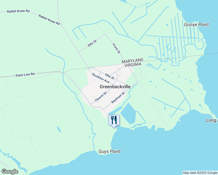 map of restaurants, bars, coffee shops, grocery stores, and more near 39077 Church Street in Greenbackville