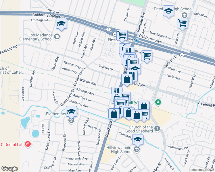 map of restaurants, bars, coffee shops, grocery stores, and more near 34 William Way in Pittsburg