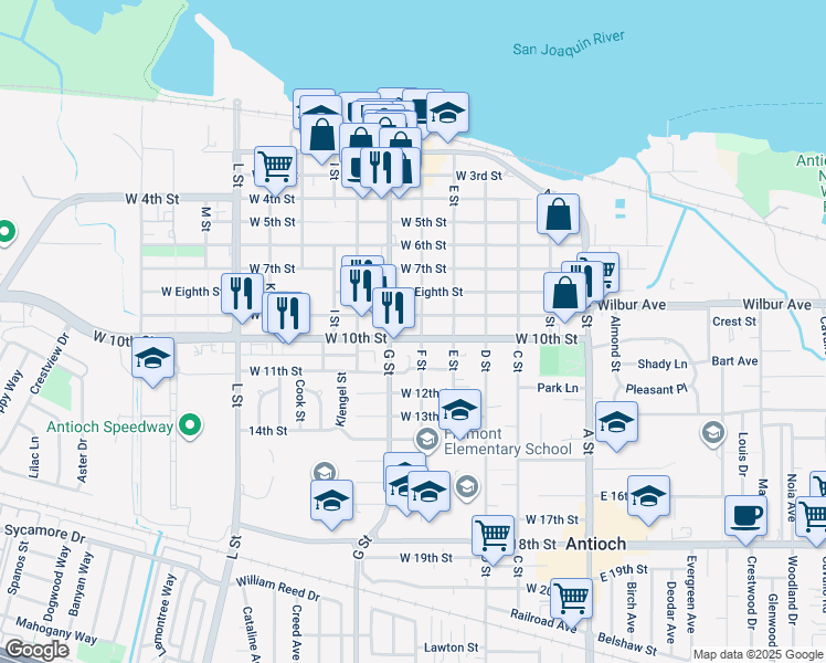 map of restaurants, bars, coffee shops, grocery stores, and more near 504 West 10th Street in Antioch
