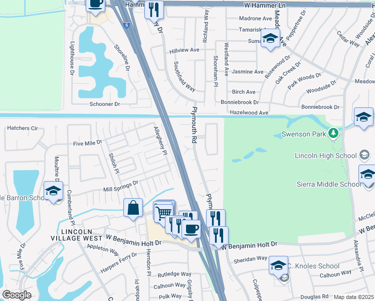 map of restaurants, bars, coffee shops, grocery stores, and more near 2932 Whittier Court in Stockton