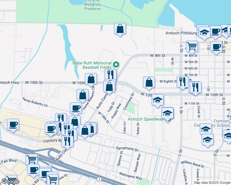 map of restaurants, bars, coffee shops, grocery stores, and more near 1600 Aster Drive in Antioch