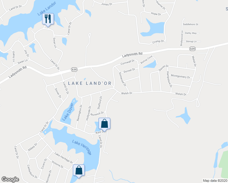 map of restaurants, bars, coffee shops, grocery stores, and more near 601 Welsh Drive in Ruther Glen