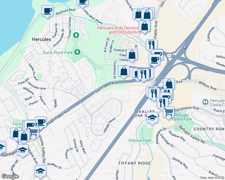 map of restaurants, bars, coffee shops, grocery stores, and more near 1101 Devonwood in Hercules