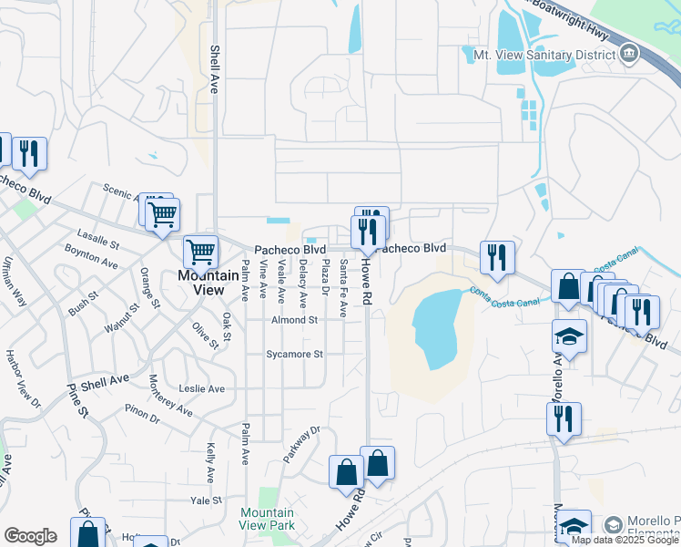 map of restaurants, bars, coffee shops, grocery stores, and more near 1321 Santa Fe Ave in Martinez
