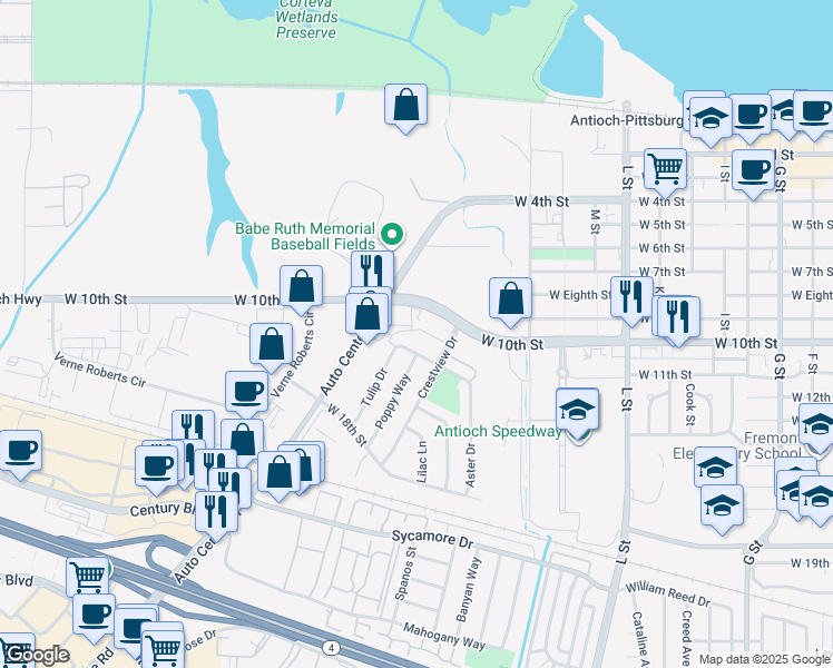 map of restaurants, bars, coffee shops, grocery stores, and more near 1725 West 10th Street in Antioch