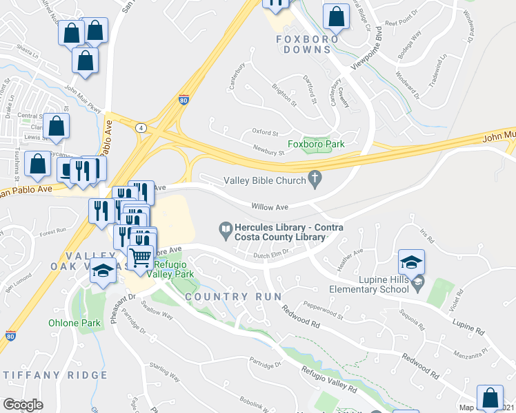 map of restaurants, bars, coffee shops, grocery stores, and more near 1474 Willow Avenue in Rodeo