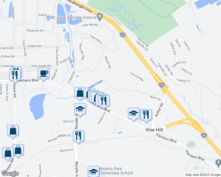 map of restaurants, bars, coffee shops, grocery stores, and more near 49 Healy Lane in Martinez
