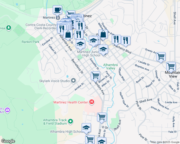 map of restaurants, bars, coffee shops, grocery stores, and more near 1607 Alhambra Ave in Martinez