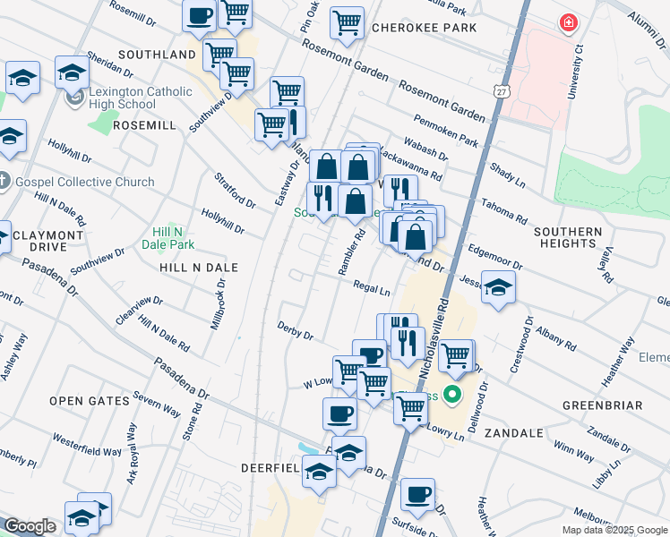 map of restaurants, bars, coffee shops, grocery stores, and more near 2043 Rambler Road in Lexington