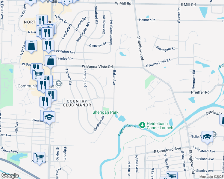 map of restaurants, bars, coffee shops, grocery stores, and more near 3520 Baker Avenue in Evansville