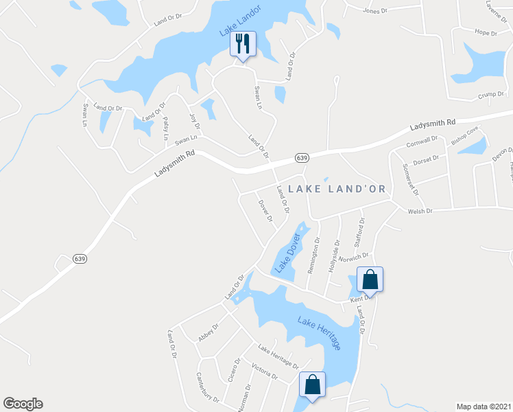 map of restaurants, bars, coffee shops, grocery stores, and more near 104 Dover Drive in Ruther Glen