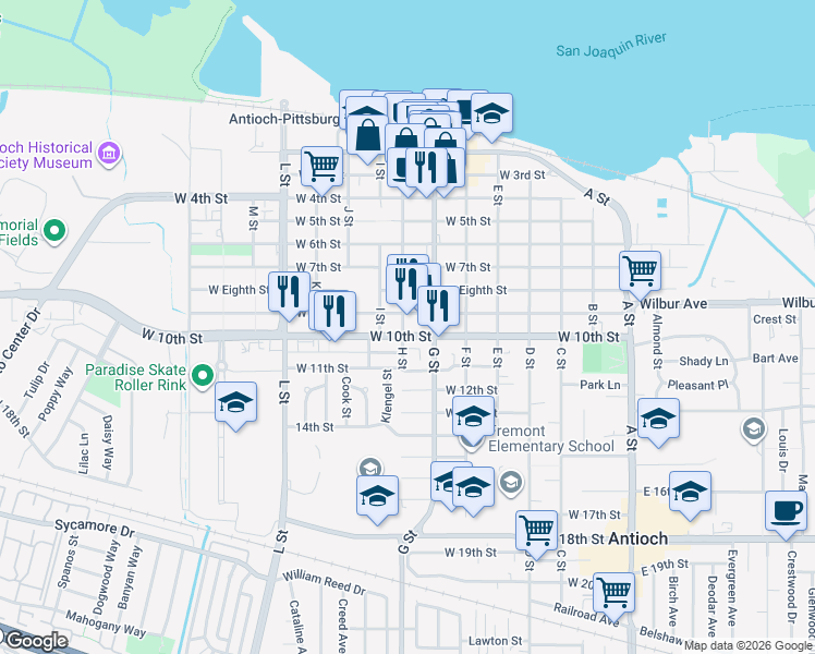 map of restaurants, bars, coffee shops, grocery stores, and more near 909 H Street in Antioch
