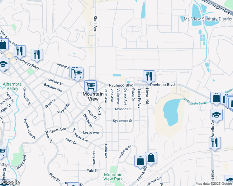 map of restaurants, bars, coffee shops, grocery stores, and more near 1331 Veale Avenue in Martinez