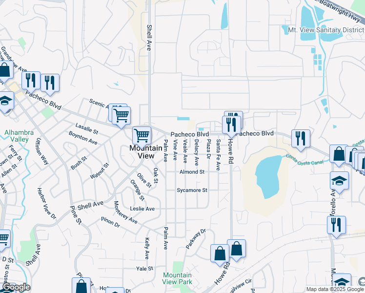 map of restaurants, bars, coffee shops, grocery stores, and more near 1331 Veale Avenue in Martinez