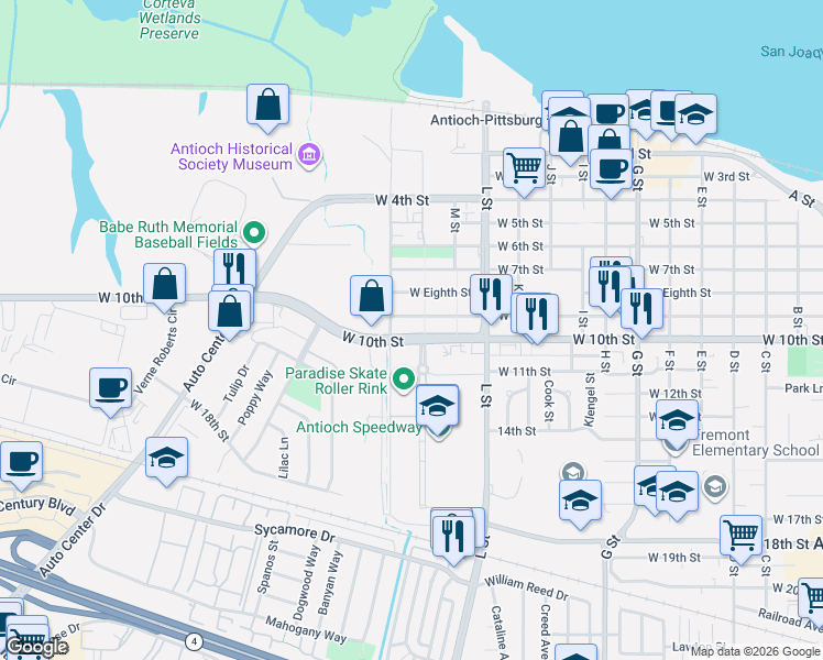 map of restaurants, bars, coffee shops, grocery stores, and more near 1312 West 10th Street in Antioch