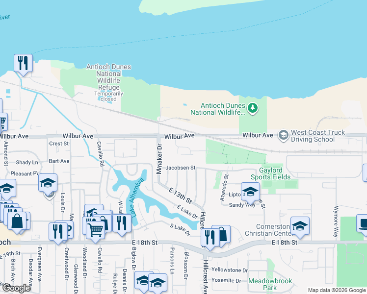 map of restaurants, bars, coffee shops, grocery stores, and more near Apollo Court in Antioch