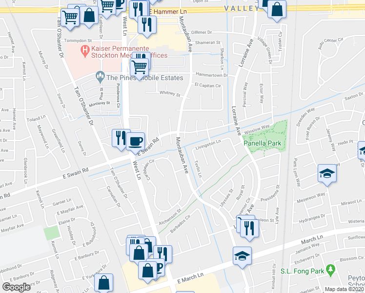 map of restaurants, bars, coffee shops, grocery stores, and more near 5874 Montauban Avenue in Stockton