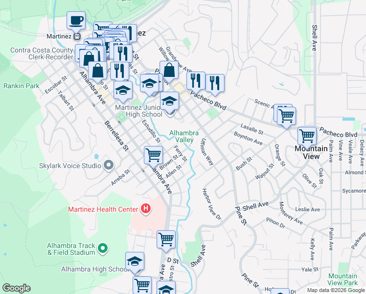 map of restaurants, bars, coffee shops, grocery stores, and more near 802 Robinson Street in Martinez