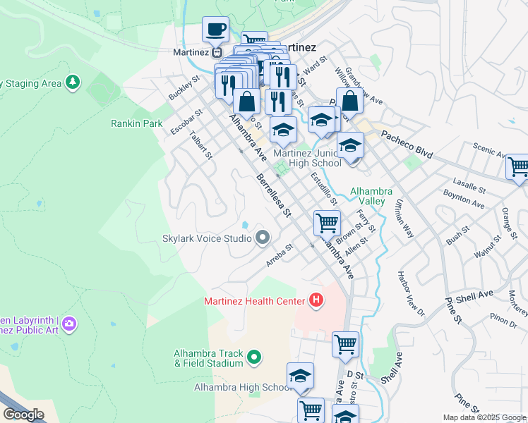 map of restaurants, bars, coffee shops, grocery stores, and more near 1408 Richardson Street in Martinez
