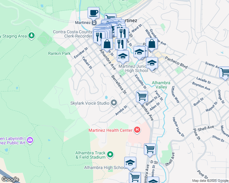 map of restaurants, bars, coffee shops, grocery stores, and more near 1408 Richardson Street in Martinez